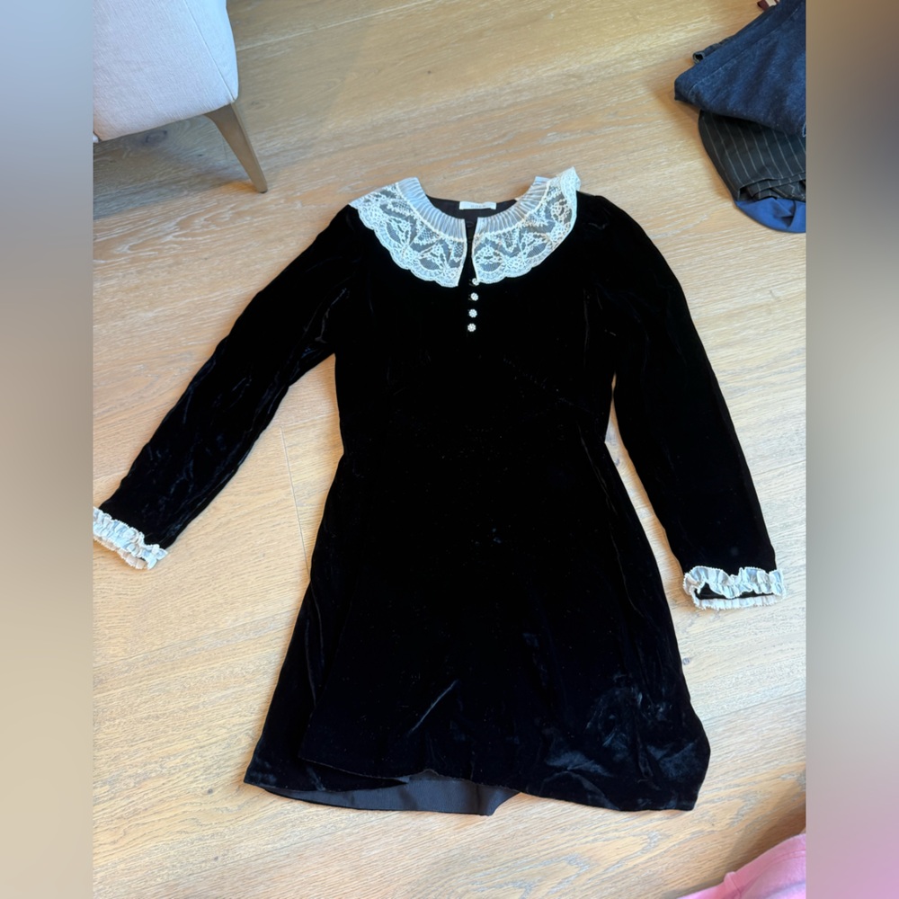 Black Velvet Dress with Lace Collar